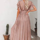 Vestido Largo Rosa Empolvado Escote En V Manga Corta Con Volantes Cintura Fruncida Boho Verano