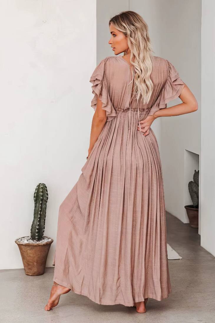 Vestido Largo Rosa Empolvado Escote En V Manga Corta Con Volantes Cintura Fruncida Boho Verano