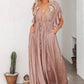 Vestido Largo Rosa Empolvado Escote En V Manga Corta Con Volantes Cintura Fruncida Boho Verano