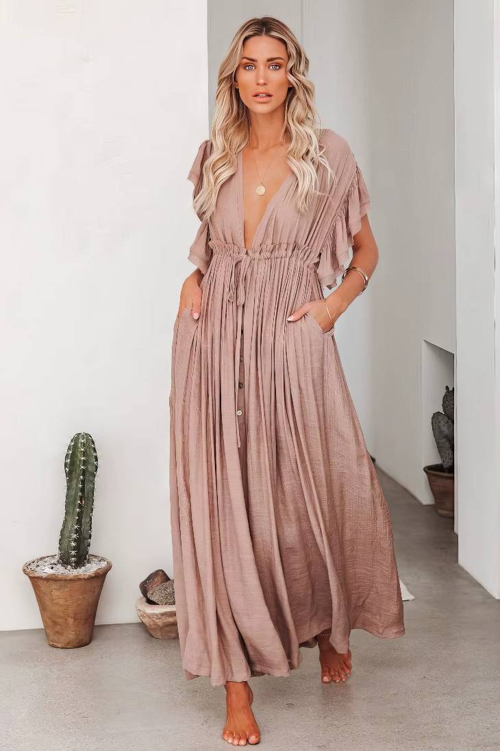 Vestido Largo Rosa Empolvado Escote En V Manga Corta Con Volantes Cintura Fruncida Boho Verano