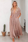 Vestido Largo Rosa Empolvado Escote En V Manga Corta Con Volantes Cintura Fruncida Boho Verano