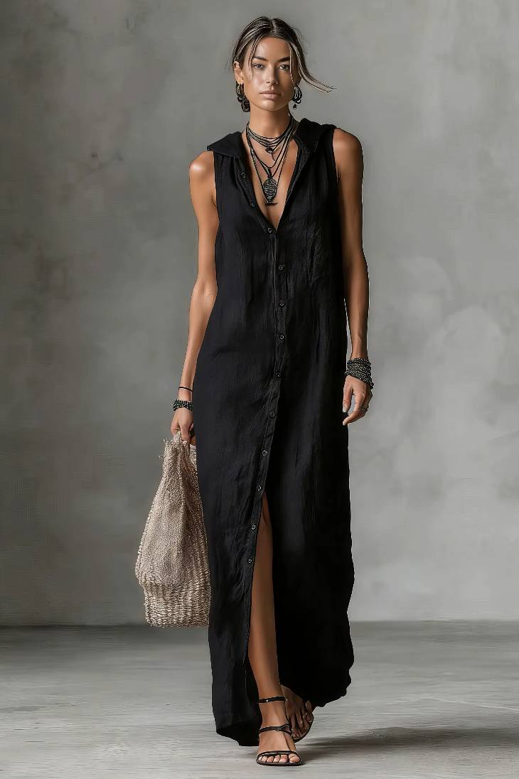 Vestido Largo Sin Mangas Cuello En V Abotonado Con Bolsillos
