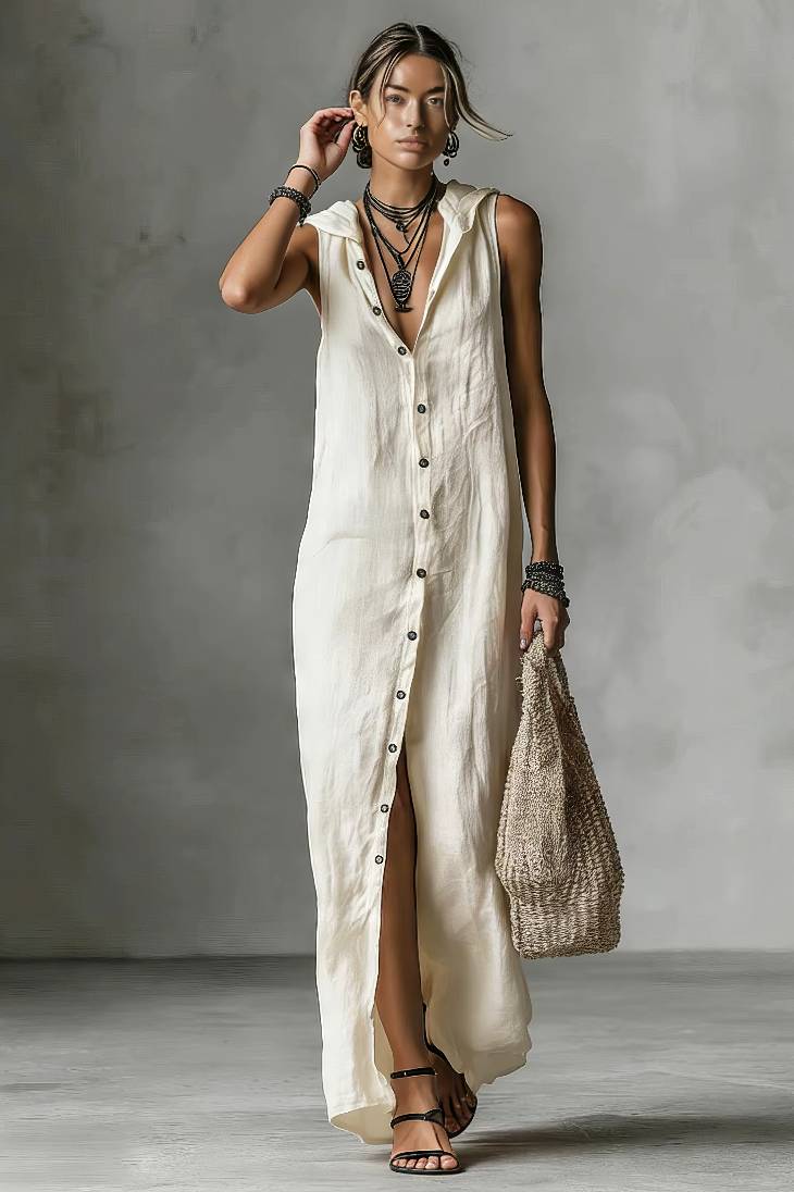 Vestido Largo Sin Mangas Cuello En V Abotonado Con Bolsillos