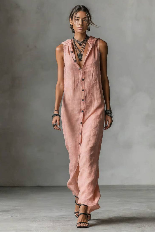 Vestido Largo Sin Mangas Cuello En V Abotonado Con Bolsillos