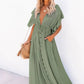 Vestido Largo Verde Escote En V Manga Corta Amplia Cintura Fruncida Con Botones Boho Verano