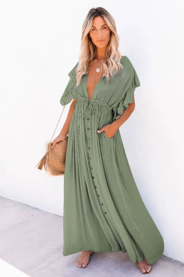 Vestido Largo Verde Escote En V Manga Corta Amplia Cintura Fruncida Con Botones Boho Verano