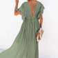 Vestido Largo Verde Escote En V Manga Corta Amplia Cintura Fruncida Con Botones Boho Verano