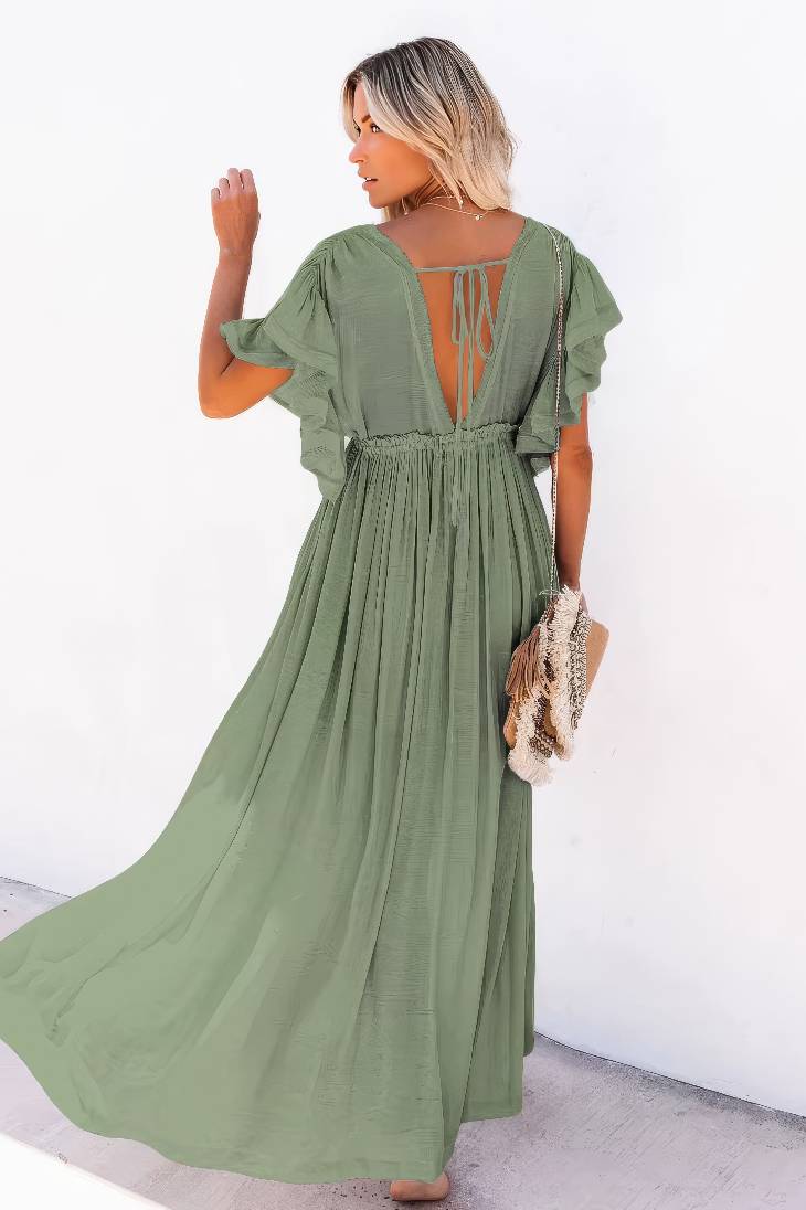Vestido Largo Verde Escote En V Manga Corta Amplia Cintura Fruncida Con Botones Boho Verano