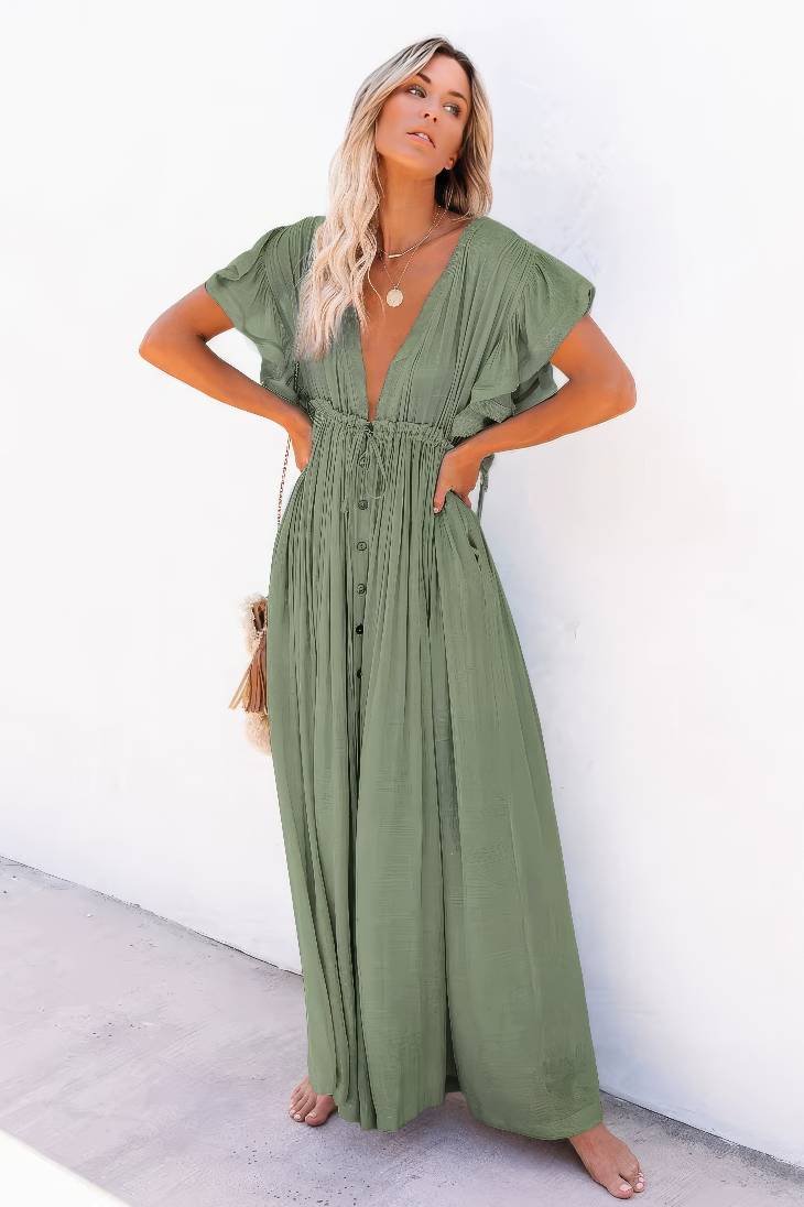 Vestido Largo Verde Escote En V Manga Corta Amplia Cintura Fruncida Con Botones Boho Verano