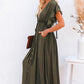 Vestido Largo Verde Oscuro Escote En V Manga Corta Con Volantes Cintura Fruncida Boho Verano