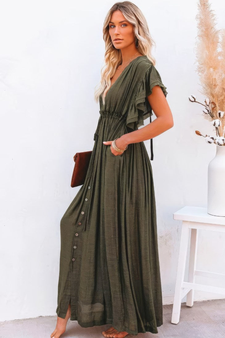 Vestido Largo Verde Oscuro Escote En V Manga Corta Con Volantes Cintura Fruncida Boho Verano