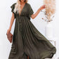 Vestido Largo Verde Oscuro Escote En V Manga Corta Con Volantes Cintura Fruncida Boho Verano