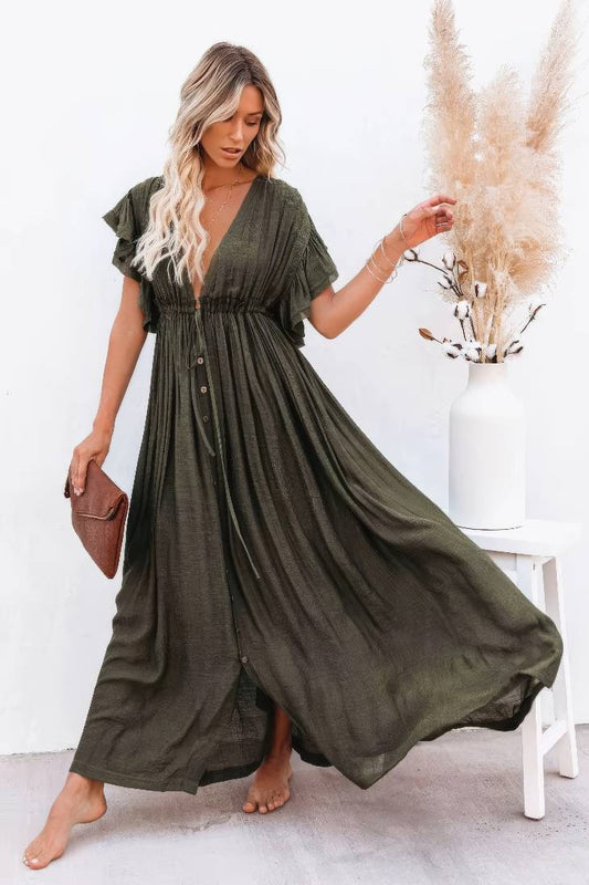 Vestido Largo Verde Oscuro Escote En V Manga Corta Con Volantes Cintura Fruncida Boho Verano