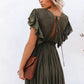 Vestido Largo Verde Oscuro Escote En V Manga Corta Con Volantes Cintura Fruncida Boho Verano