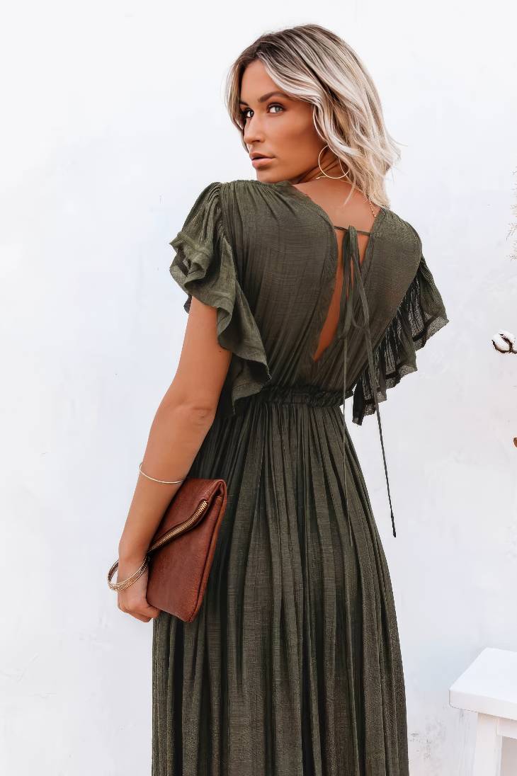 Vestido Largo Verde Oscuro Escote En V Manga Corta Con Volantes Cintura Fruncida Boho Verano
