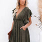 Vestido Largo Verde Oscuro Escote En V Manga Corta Con Volantes Cintura Fruncida Boho Verano
