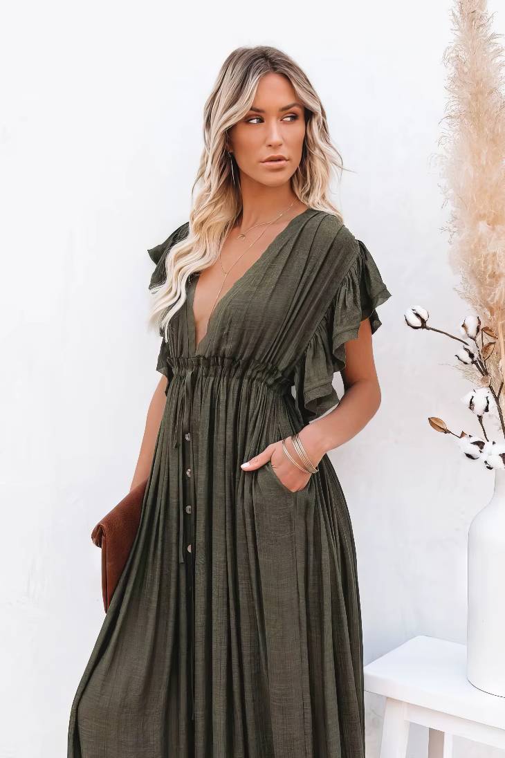 Vestido Largo Verde Oscuro Escote En V Manga Corta Con Volantes Cintura Fruncida Boho Verano