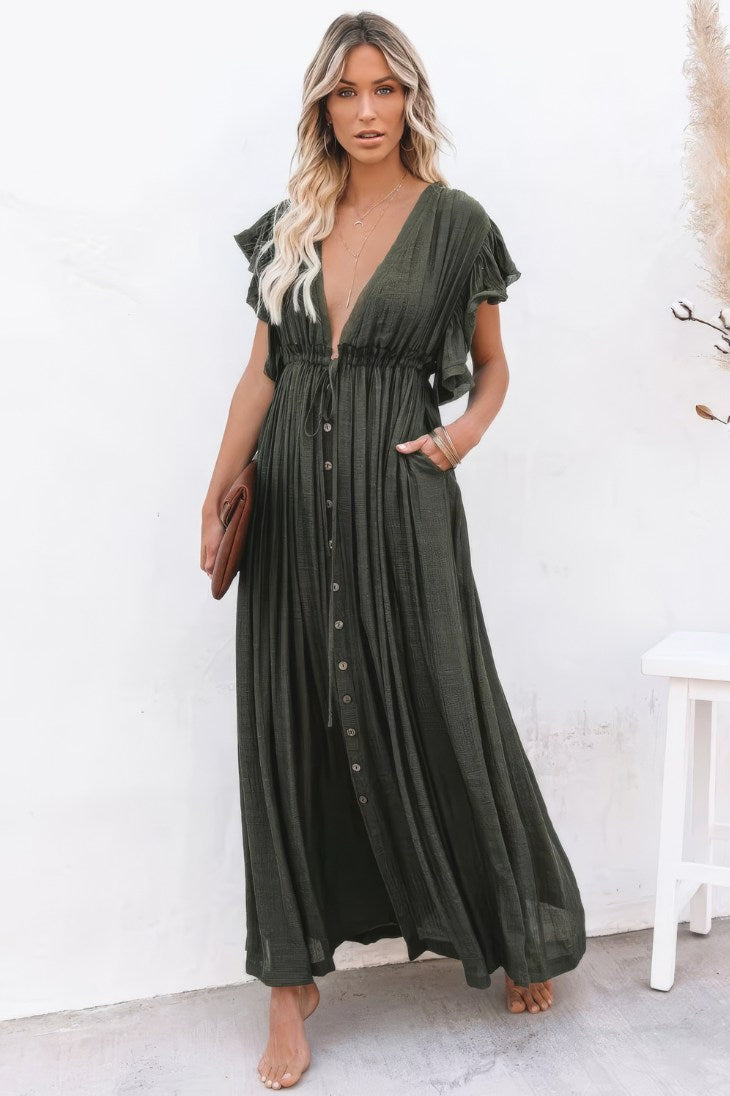 Vestido Largo Verde Oscuro Escote En V Manga Corta Con Volantes Cintura Fruncida Boho Verano