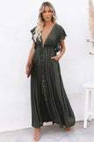Vestido Largo Verde Oscuro Escote En V Manga Corta Con Volantes Cintura Fruncida Boho Verano