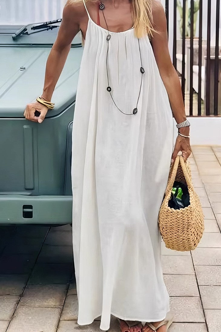 Vestido Maxi Blanco Tirantes Spaghetti Corte Suelto Ligero Verano Playa Boho