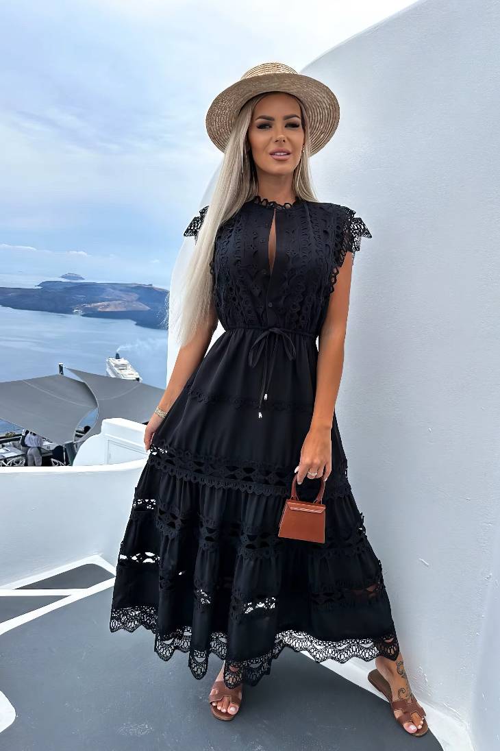 Vestido Maxi De Encaje Cuello Alto Sin Mangas Bordado Calado Verano Boho