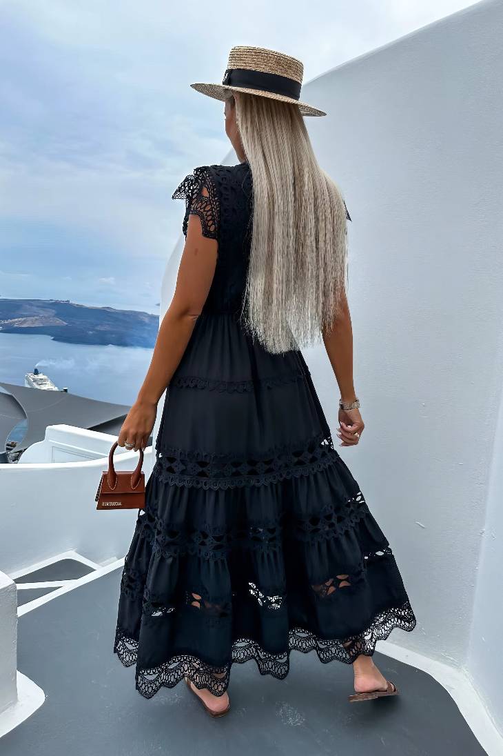 Vestido Maxi De Encaje Cuello Alto Sin Mangas Bordado Calado Verano Boho