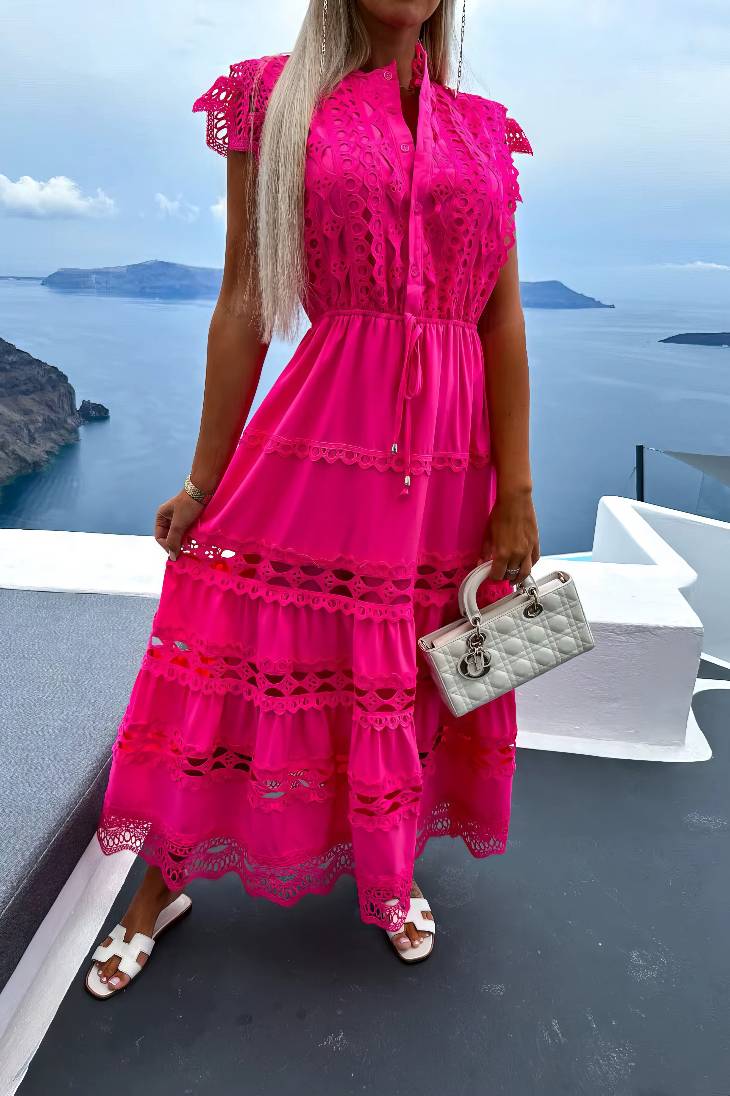 Vestido Maxi De Encaje Cuello Alto Sin Mangas Bordado Calado Verano Boho