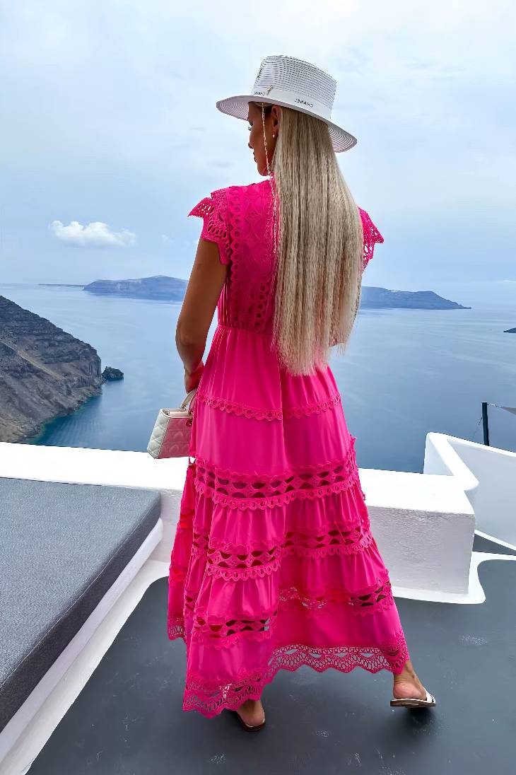 Vestido Maxi De Encaje Cuello Alto Sin Mangas Bordado Calado Verano Boho
