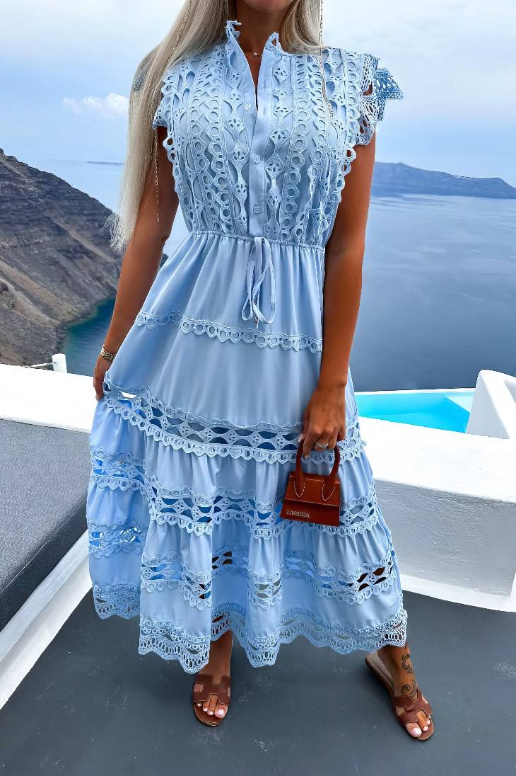 Vestido Maxi De Encaje Cuello Alto Sin Mangas Bordado Calado Verano Boho