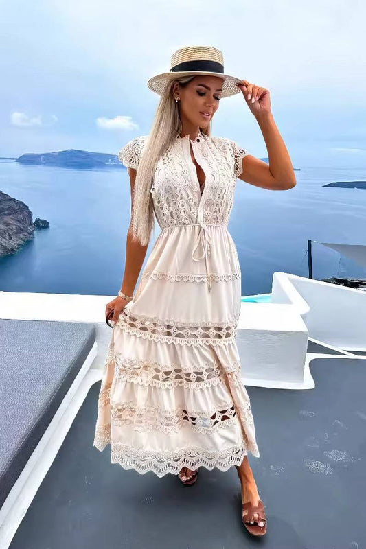 Vestido Maxi De Encaje Cuello Alto Sin Mangas Bordado Calado Verano Boho