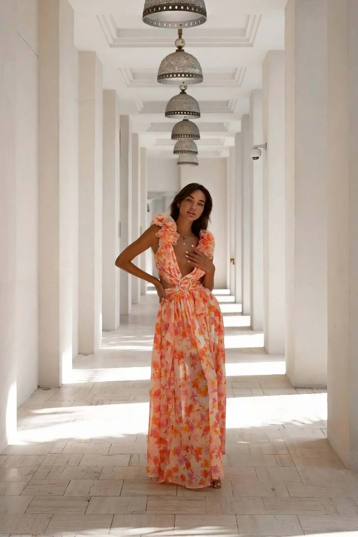 Vestido Maxi Floral Cuello En V Profundo Manga Volantes Abertura Lateral Verano Boho
