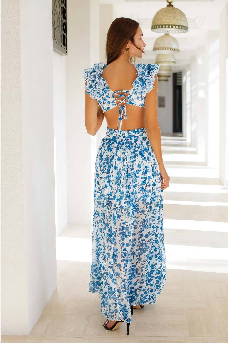 Vestido Maxi Floral Cuello En V Profundo Manga Volantes Abertura Lateral Verano Boho