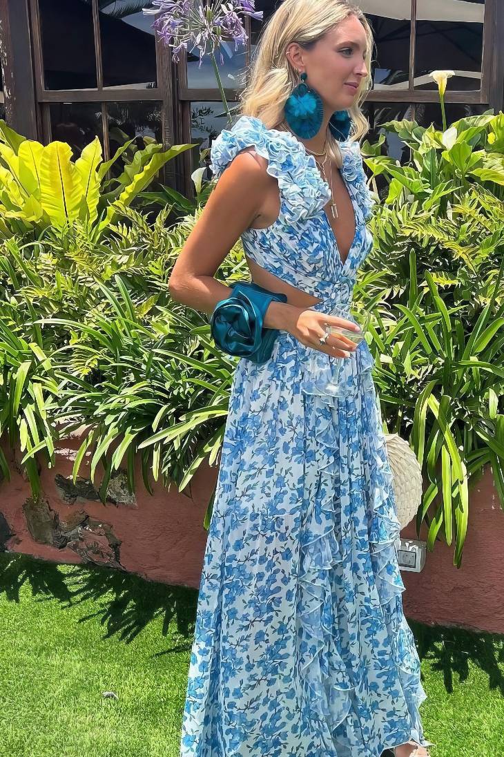 Vestido Maxi Floral Cuello En V Profundo Manga Volantes Abertura Lateral Verano Boho