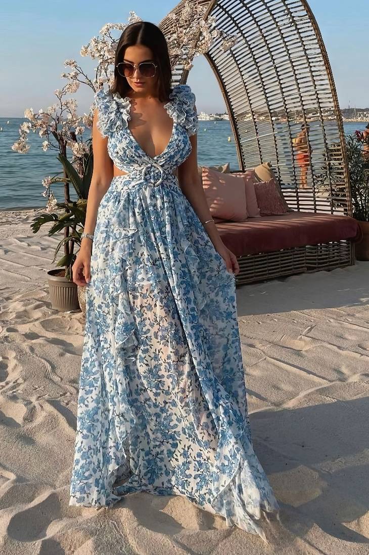 Vestido Maxi Floral Cuello En V Profundo Manga Volantes Abertura Lateral Verano Boho