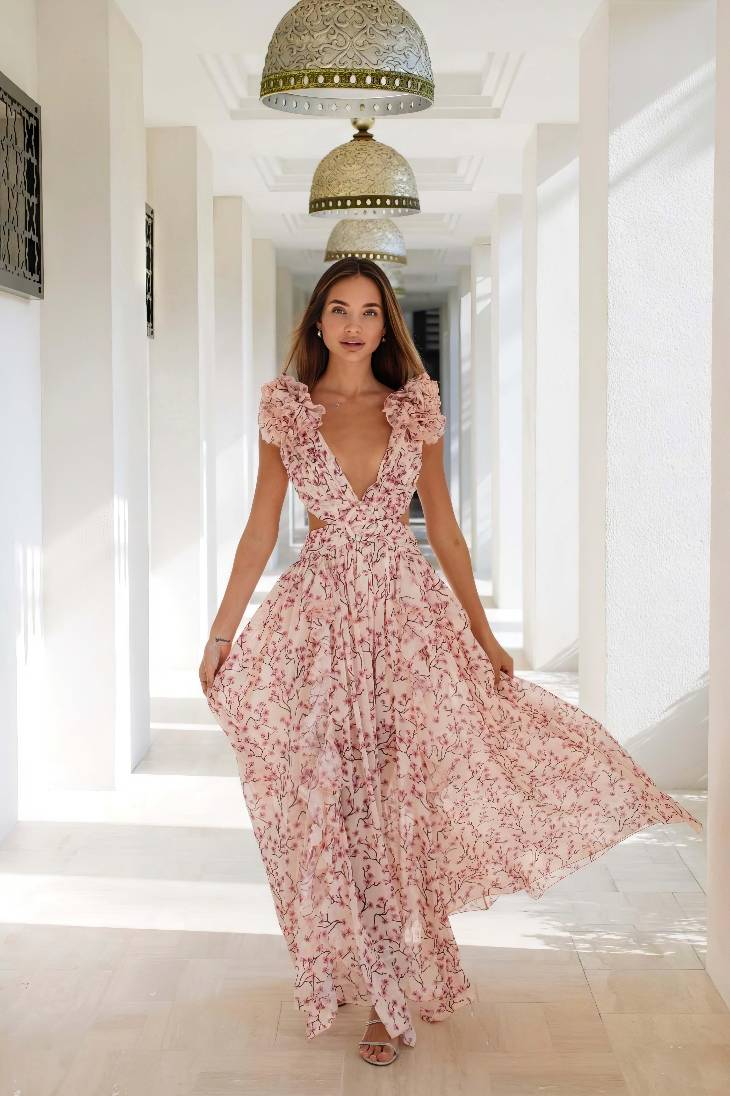 Vestido Maxi Floral Cuello En V Profundo Manga Volantes Abertura Lateral Verano Boho