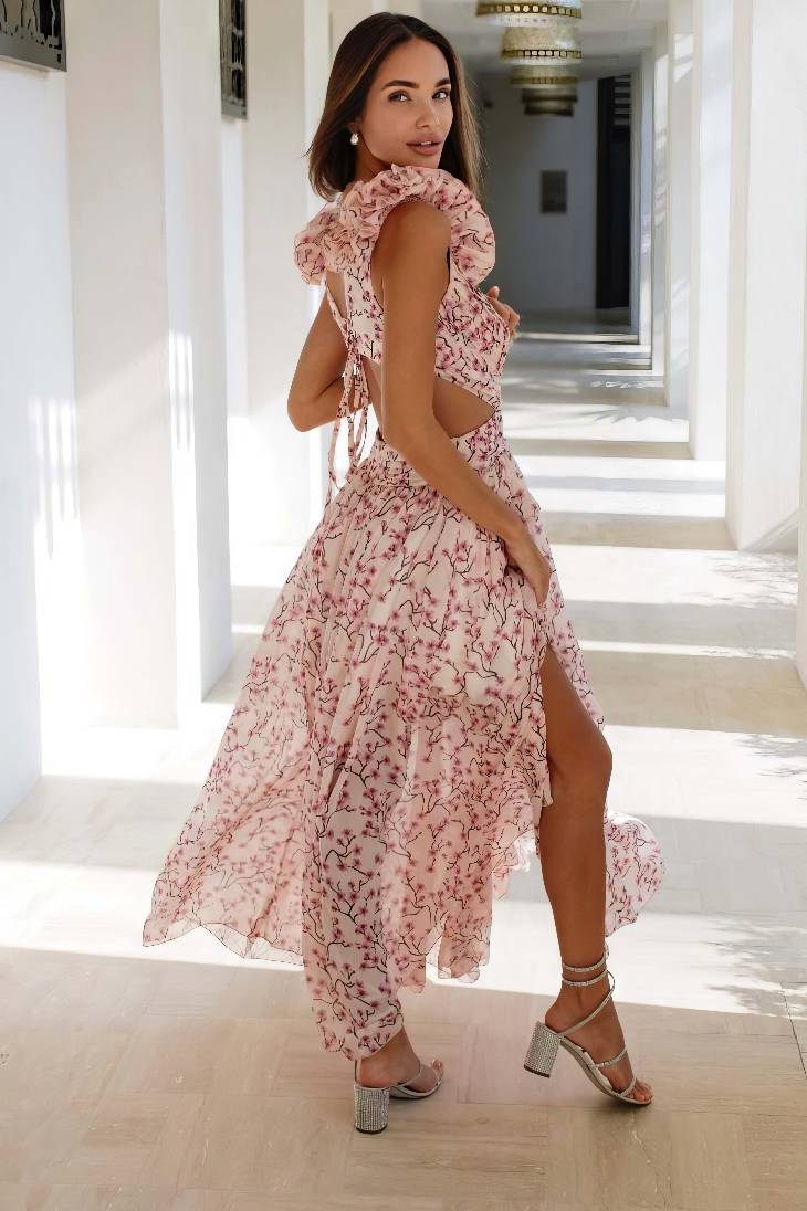 Vestido Maxi Floral Cuello En V Profundo Manga Volantes Abertura Lateral Verano Boho