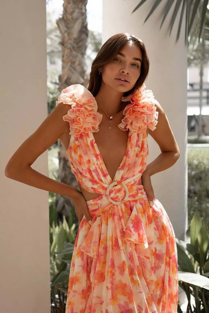 Vestido Maxi Floral Cuello En V Profundo Manga Volantes Abertura Lateral Verano Boho