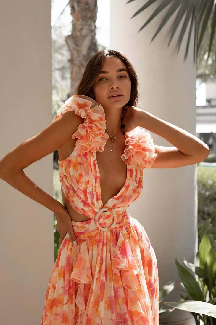 Vestido Maxi Floral Cuello En V Profundo Manga Volantes Abertura Lateral Verano Boho