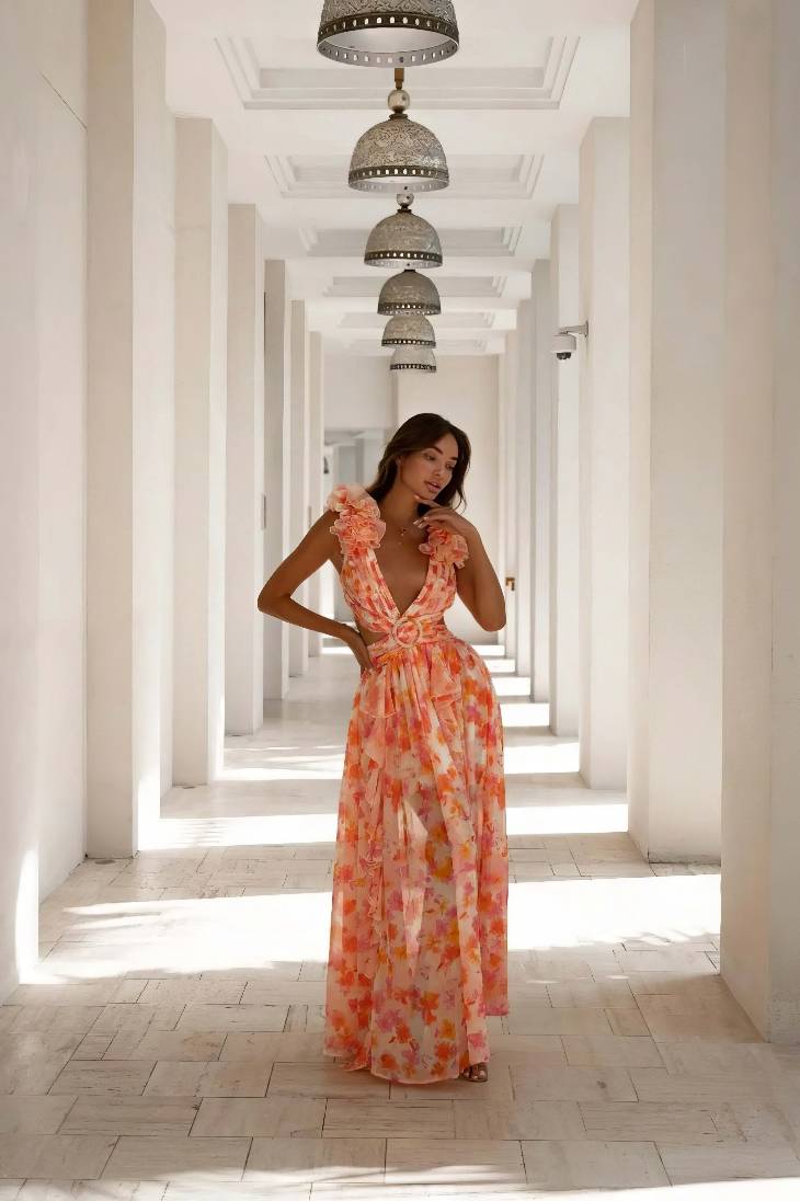 Vestido Maxi Floral Cuello En V Profundo Manga Volantes Abertura Lateral Verano Boho