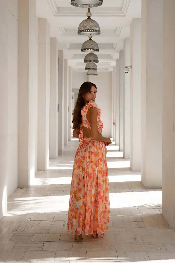 Vestido Maxi Floral Cuello En V Profundo Manga Volantes Abertura Lateral Verano Boho