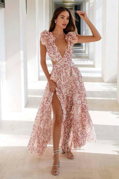 Vestido Maxi Floral Cuello En V Profundo Manga Volantes Abertura Lateral Verano Boho