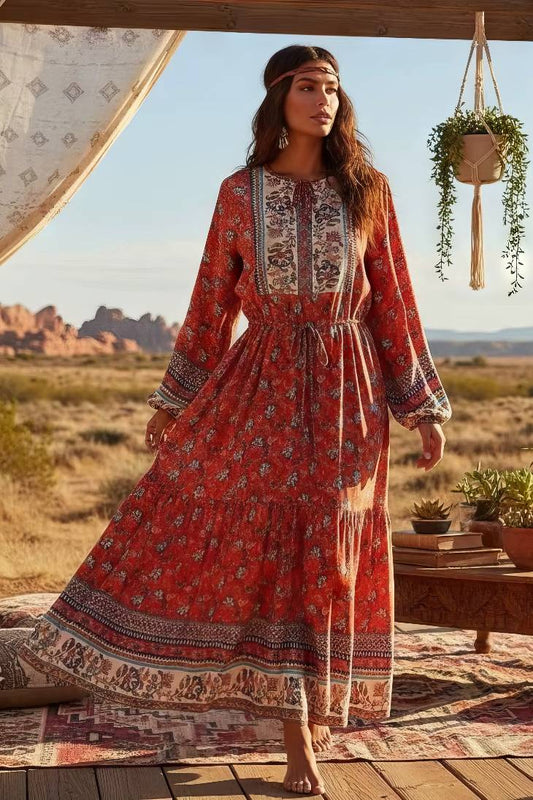 Vestido Maxi Floral Étnico Manga Larga Cintura Con Cordón Boho Verano Vintage