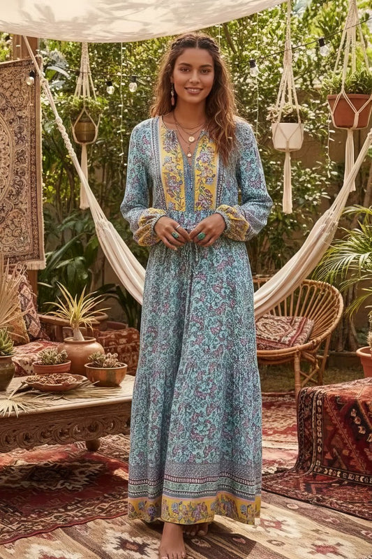 Vestido Maxi Floral Étnico Manga Larga Cintura Con Cordón Boho Verano Vintage