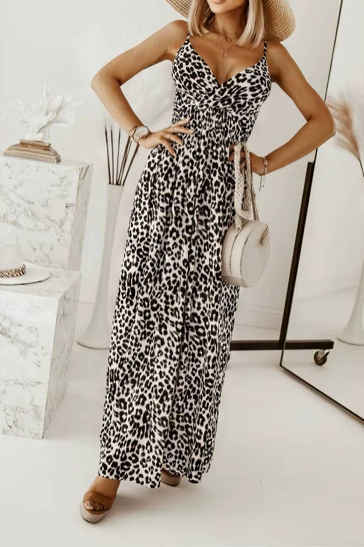 Vestido Maxi Leopardo De Tirantes Cuello En V Largo Verano Boho