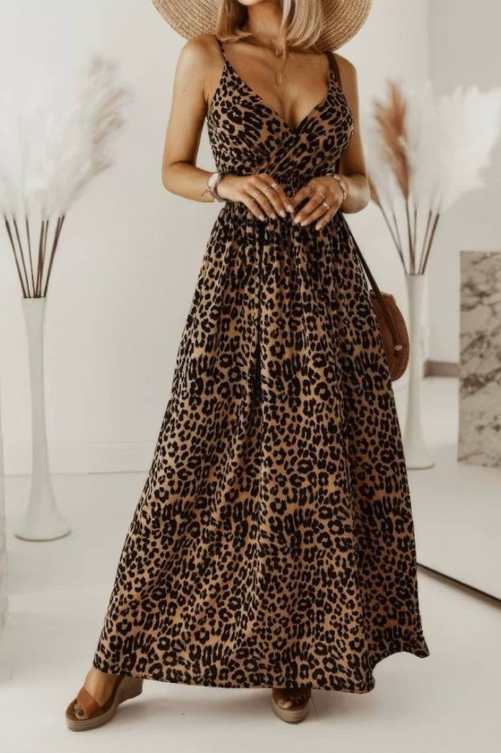 Vestido Maxi Leopardo De Tirantes Cuello En V Largo Verano Boho