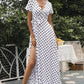 Vestido Maxi Lunares Cuello En V Manga Corta Abertura Lateral Verano Retro