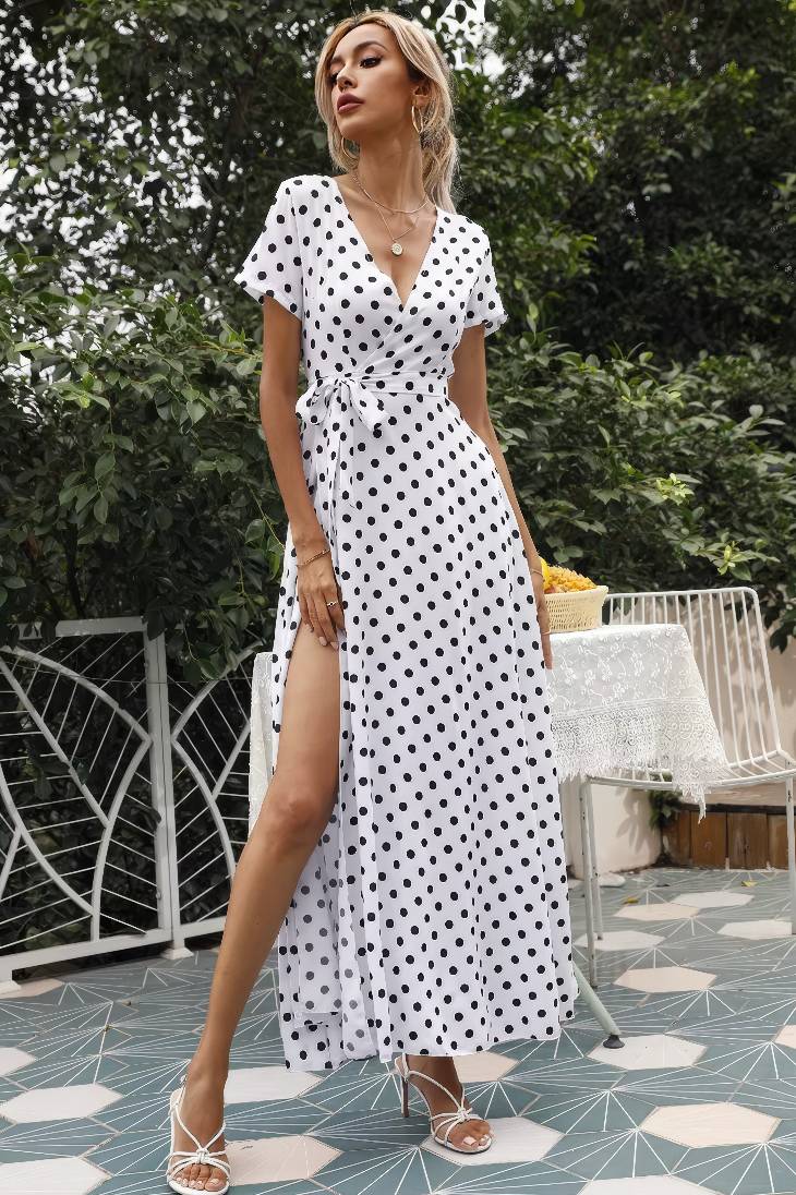 Vestido Maxi Lunares Cuello En V Manga Corta Abertura Lateral Verano Retro