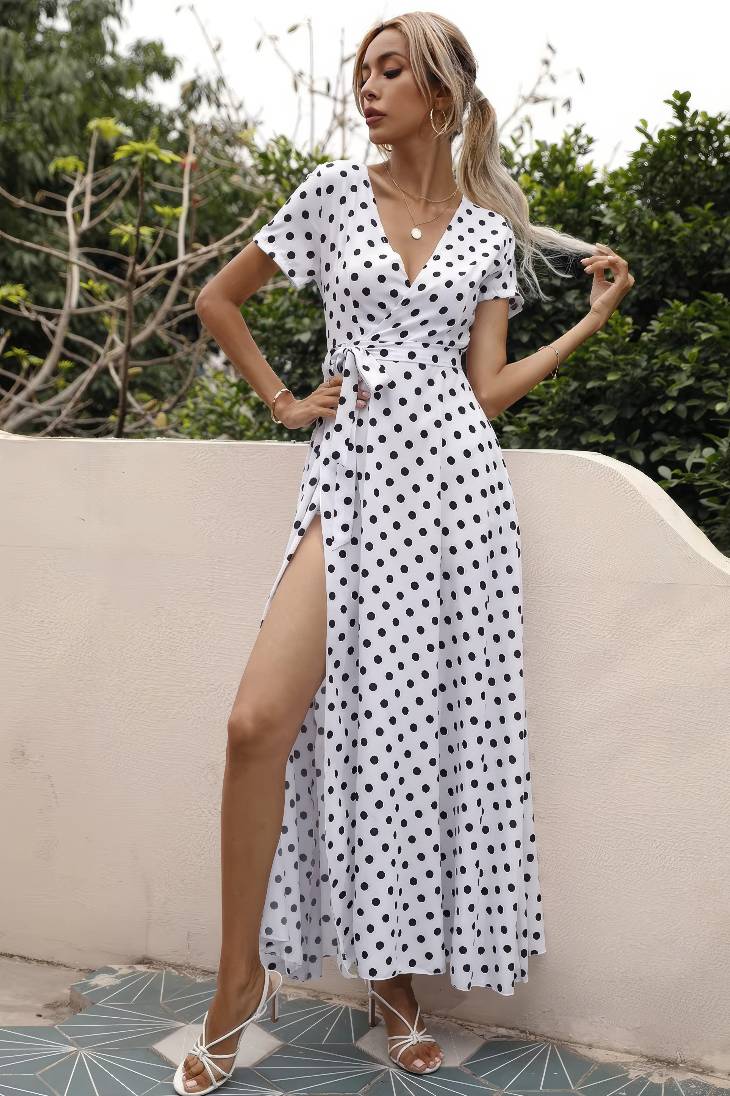 Vestido Maxi Lunares Cuello En V Manga Corta Abertura Lateral Verano Retro