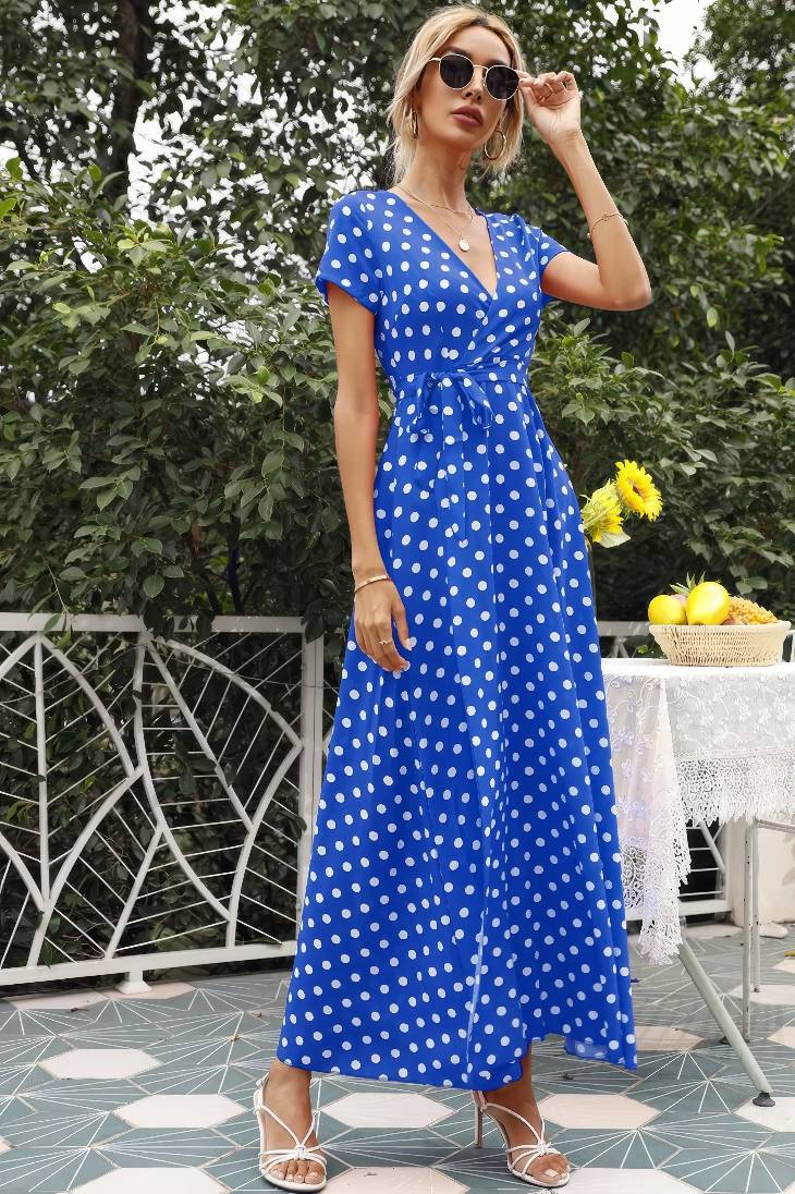 Vestido Maxi Lunares Cuello En V Manga Corta Abertura Lateral Verano Retro