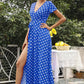 Vestido Maxi Lunares Cuello En V Manga Corta Abertura Lateral Verano Retro